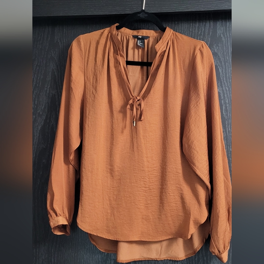 H&M Terracotta Blouse Long Sleeve With Tie Detail In Rust or Burnt Orange